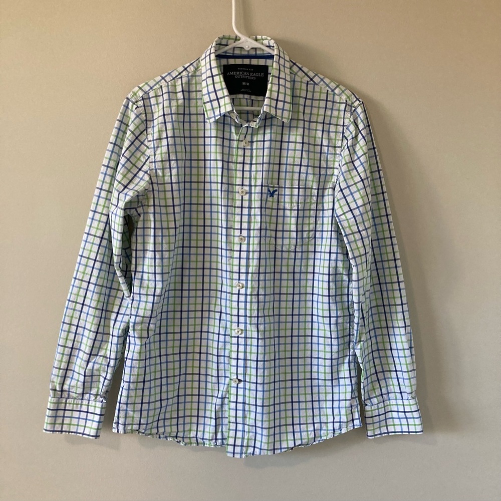 American Eagle Button Up Shirt Men's M Long Sleeve White Blue Green Plaid Cotton